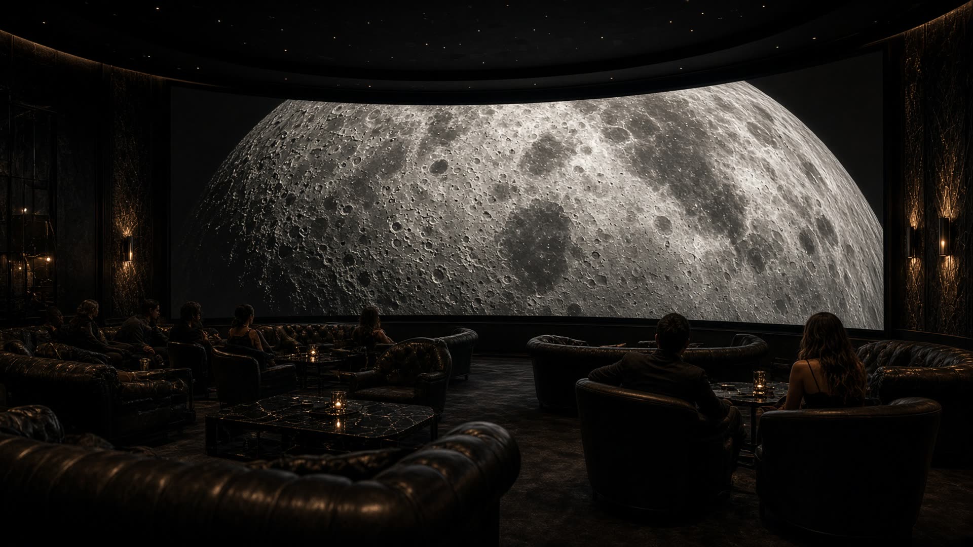 VIP lounge facing a cinema wall of live lunar close-up