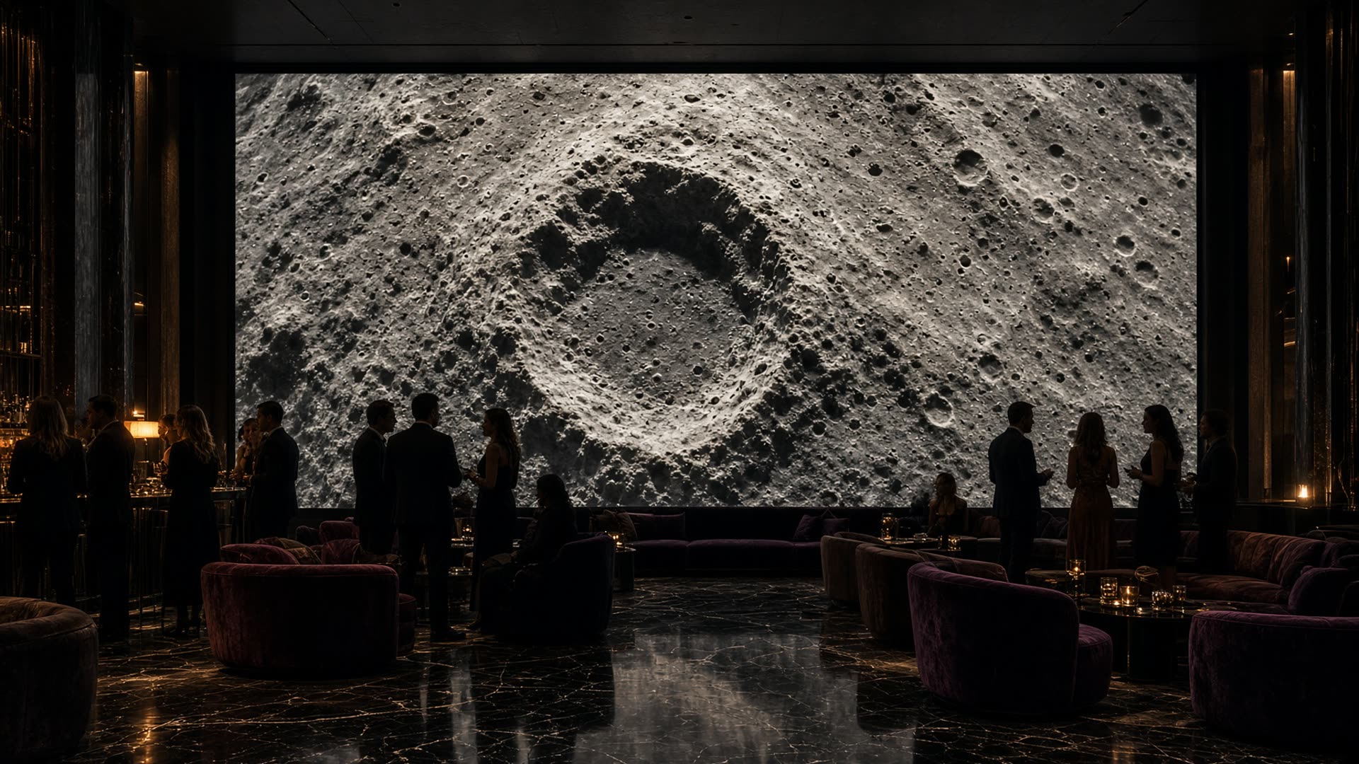 Nightclub with a lunar crater on a floor-to-ceiling wall