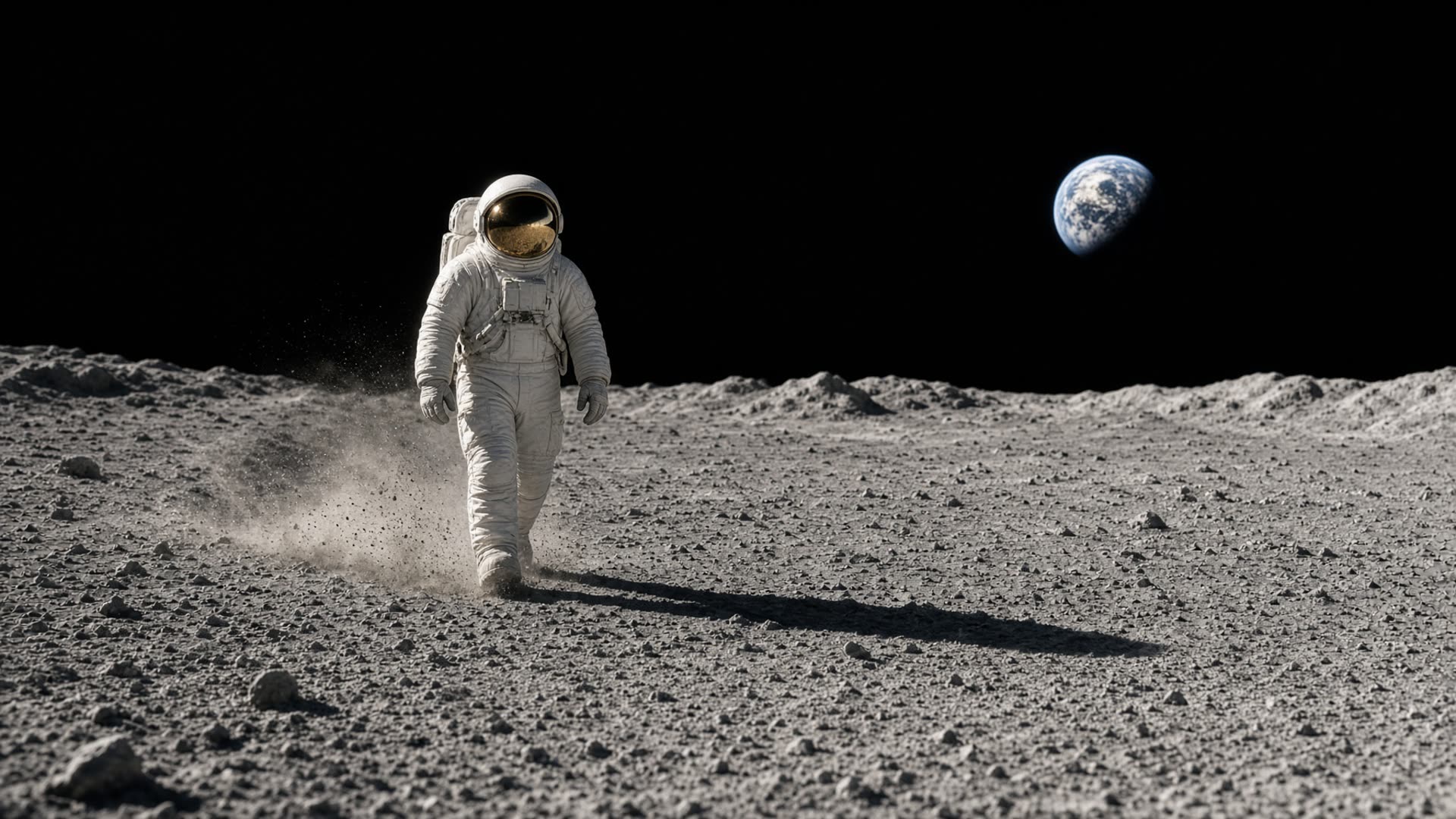Astronaut on the lunar surface with Earth on the horizon