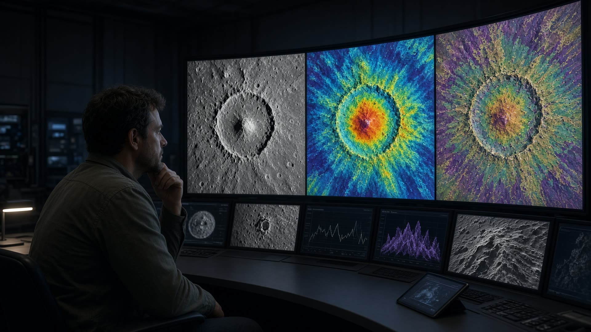 Scientist studying multi-spectral lunar maps
