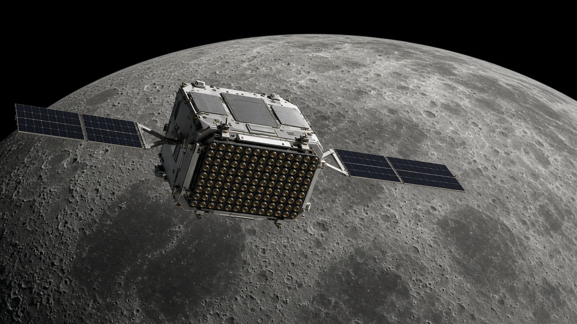 Vision-250 spacecraft above the Moon with the camera rack facing the surface