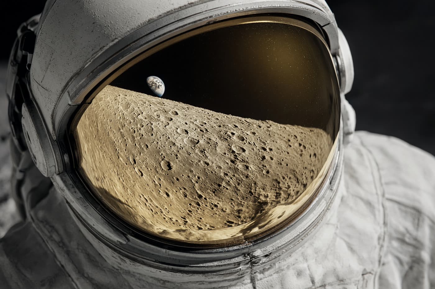Astronaut visor reflecting the lunar landscape
